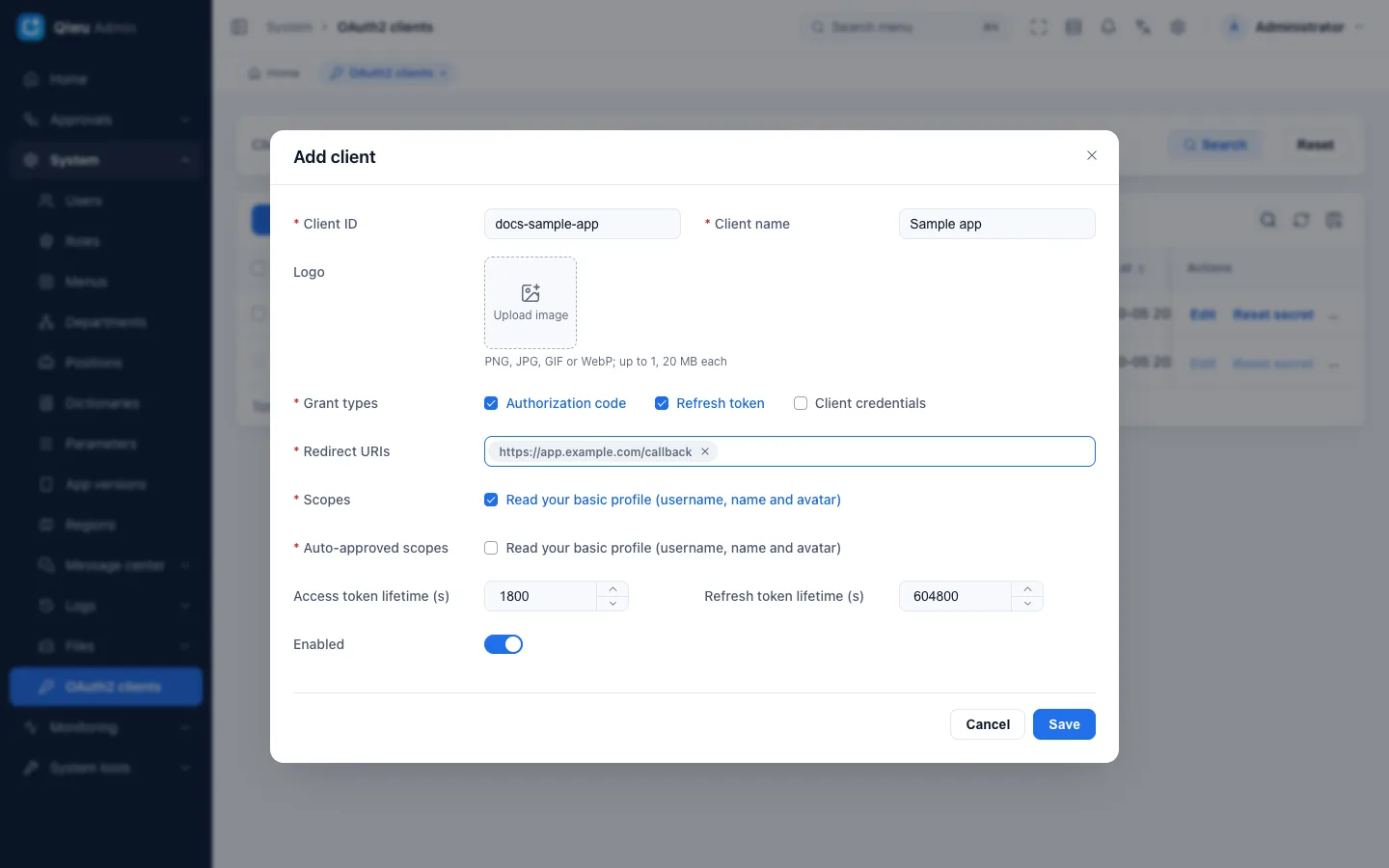 New OAuth2 client form