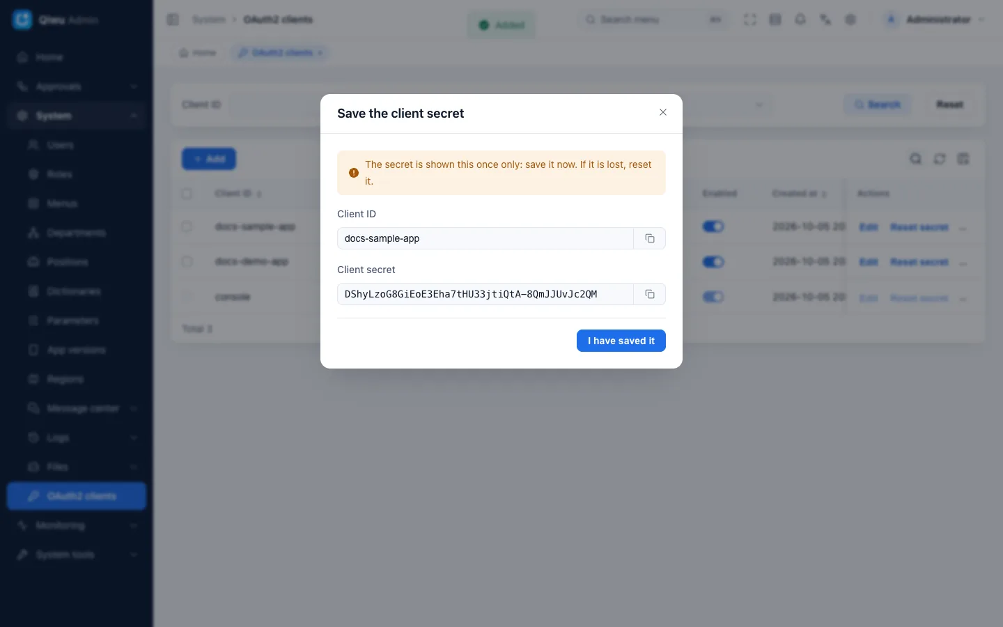 Save the client secret dialog