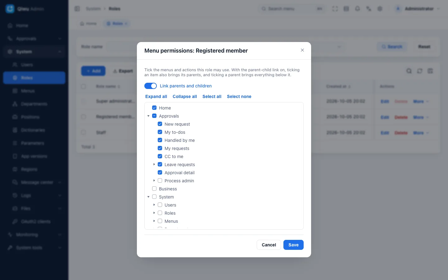 Menu permissions dialog of a role