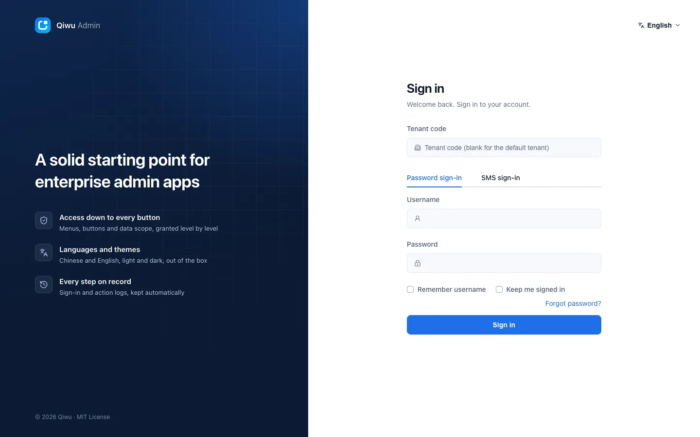 Sign-in page with the tenant code