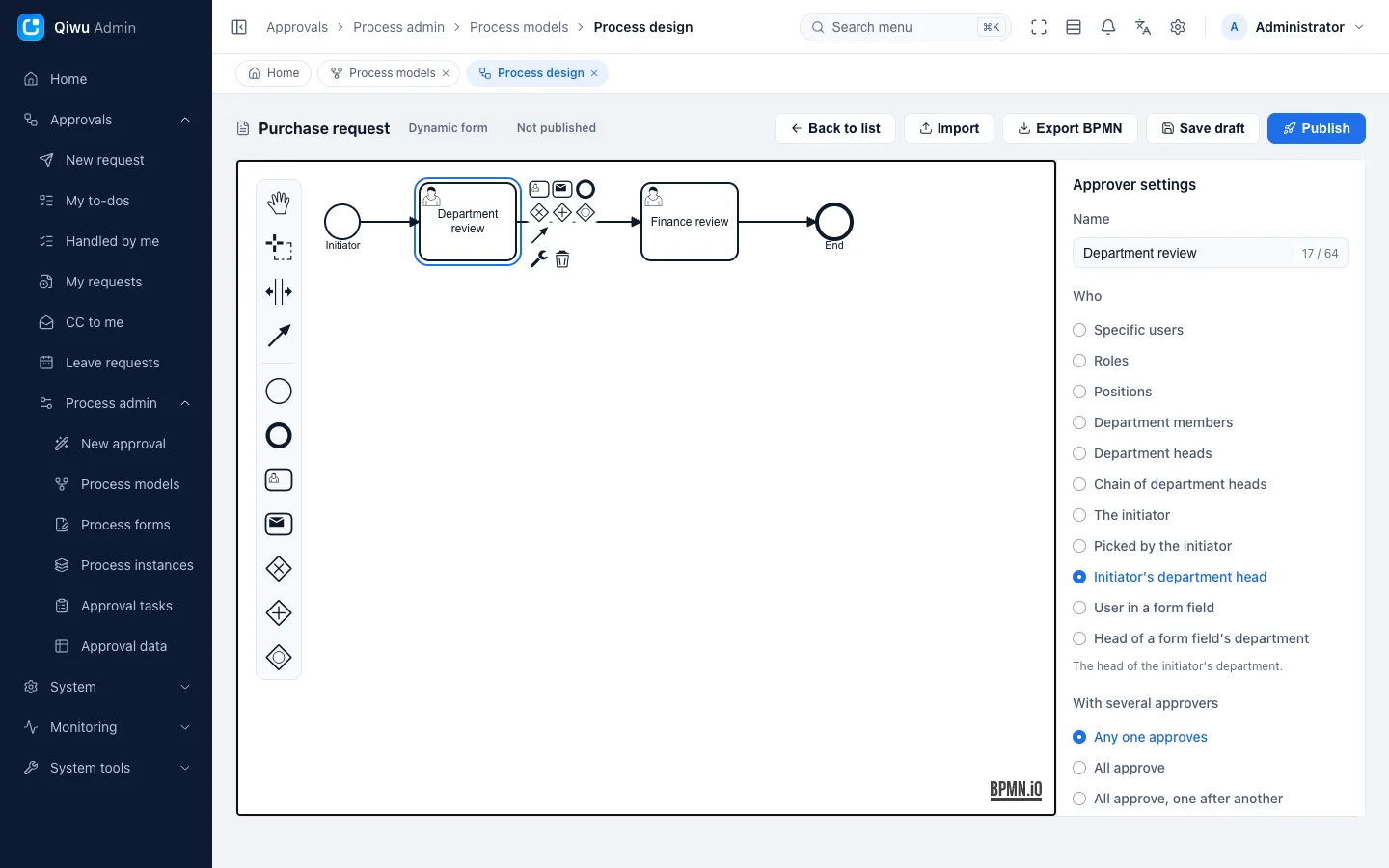 BPMN designer canvas and properties panel